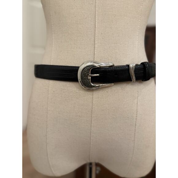 Judith Jack 1990s Black Leather Marcasite Buckle Belt MED Silvertone Western - Picture 13 of 16